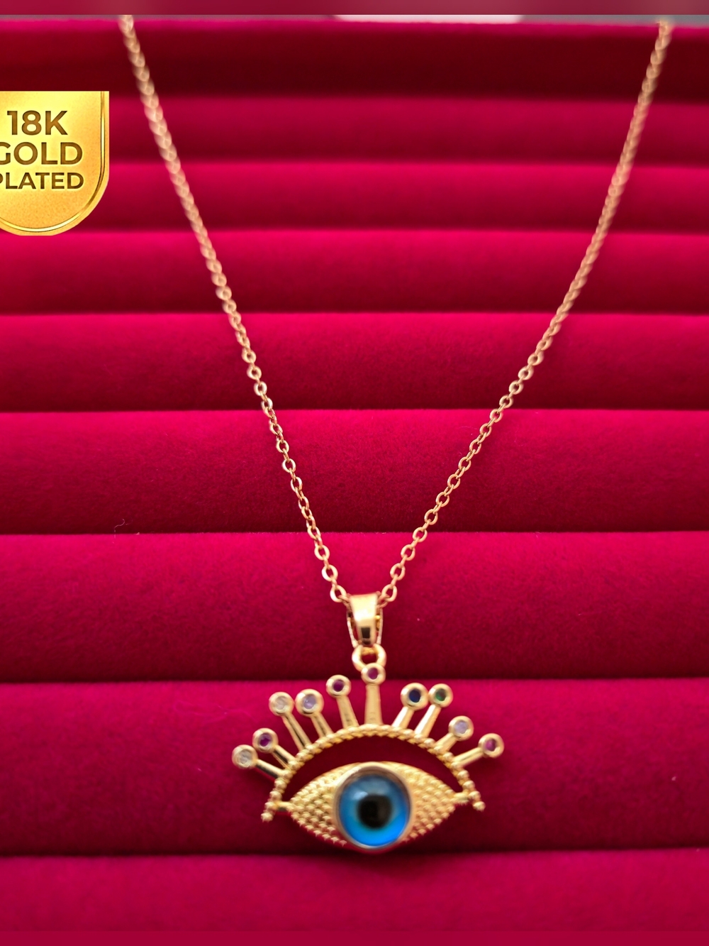 18K Gold Plated‎ Evil Eye Sunburst Necklace Eyelash Pendant Blue Nazar Charm